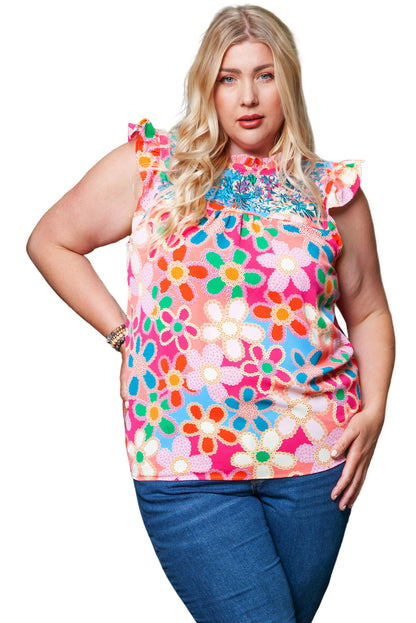 Plus Size Floral Embroidered Flutter Sleeve Tank Top | Multicolour