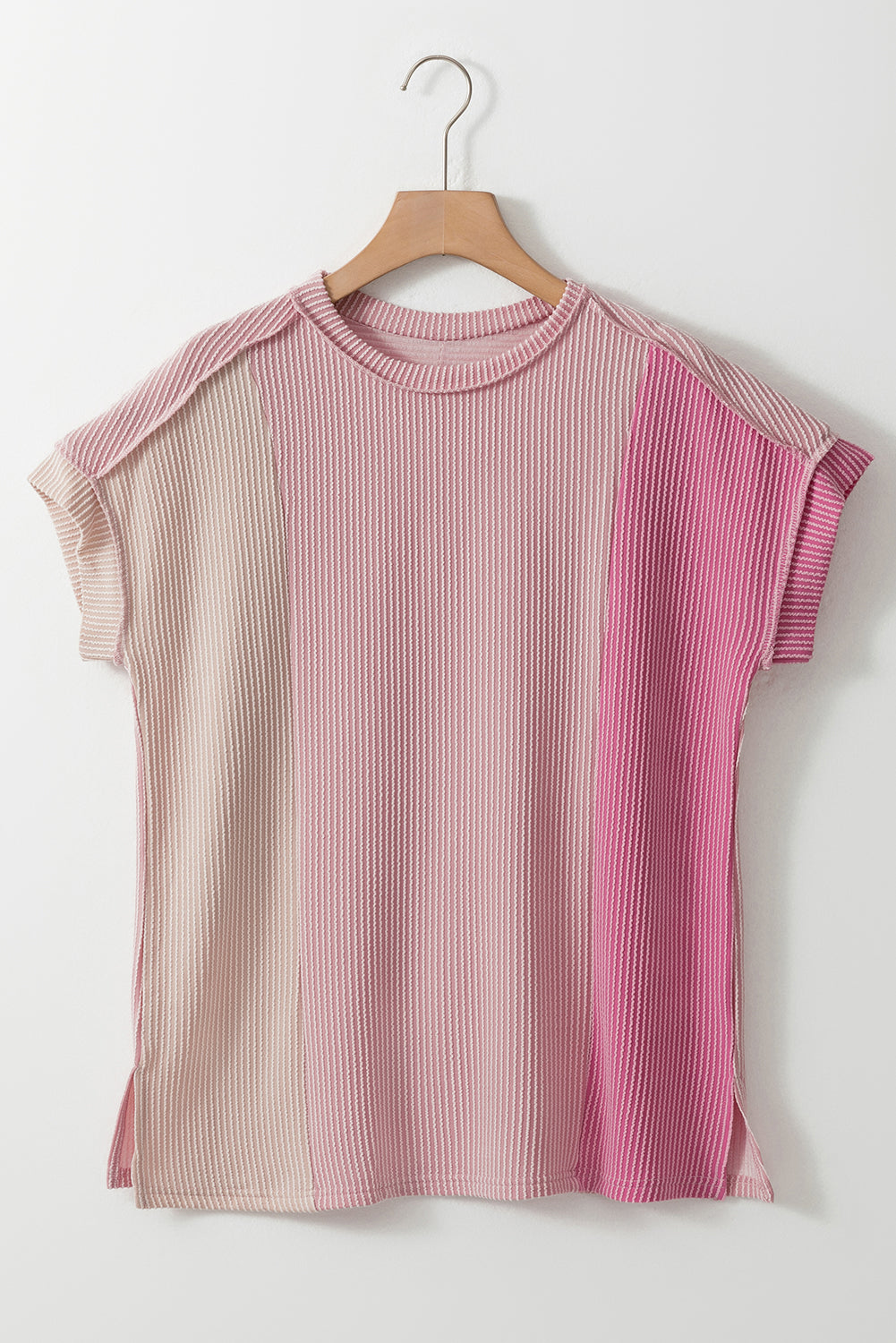 Textured Colourblock Crew Neck T Shirt | Pink