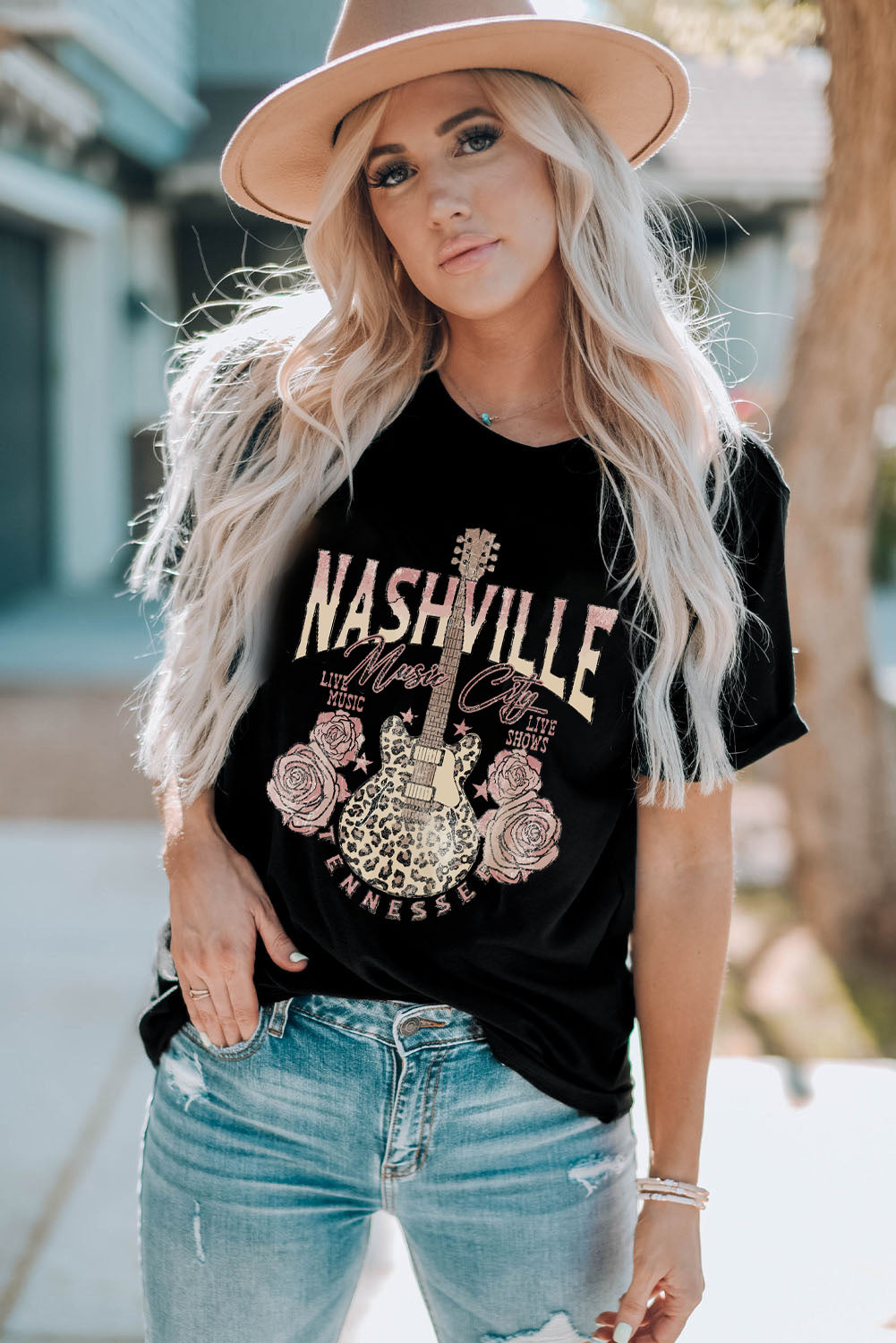 Nashville Music City Leopard Guitar Graphic T Shirt | Black