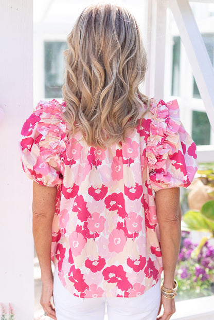 Split Neck Ruffled Puff Sleeves Floral Top | Pink