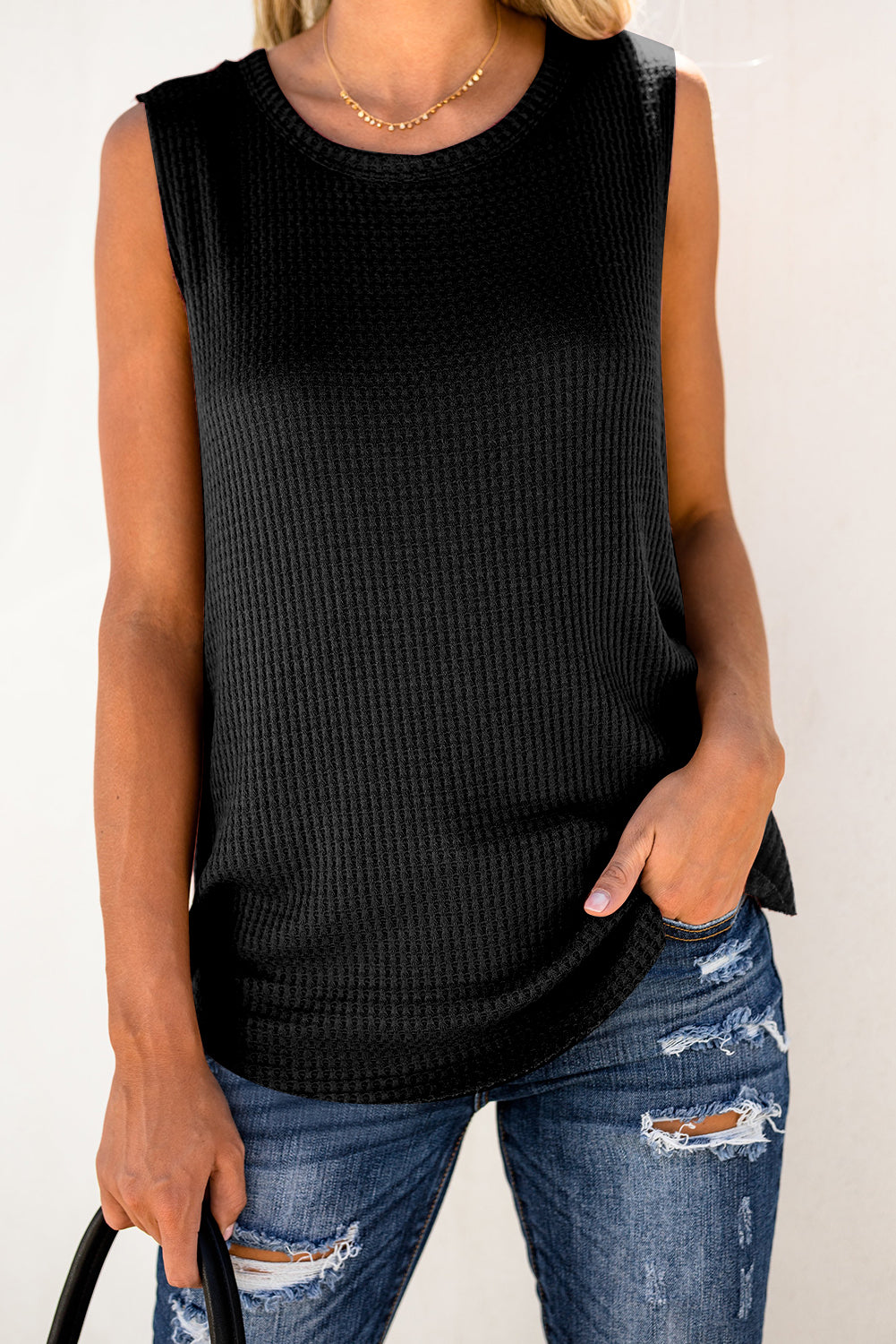 Crew Neck Waffle Tank Top | Black