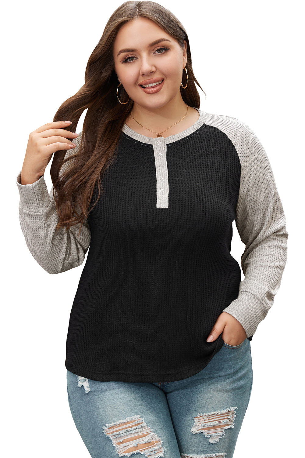 Colour Contrast Waffle Knit Buttoned Plus Size Top | Black