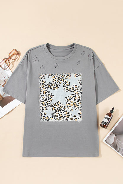 Stars Leopard Graphic Distressed Tee | Medium Grey