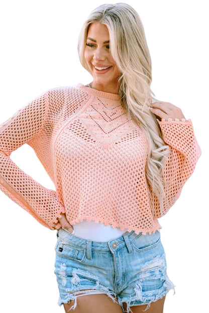 Hollowed Eyelets Knit Bell Sleeve Sweater | Pink