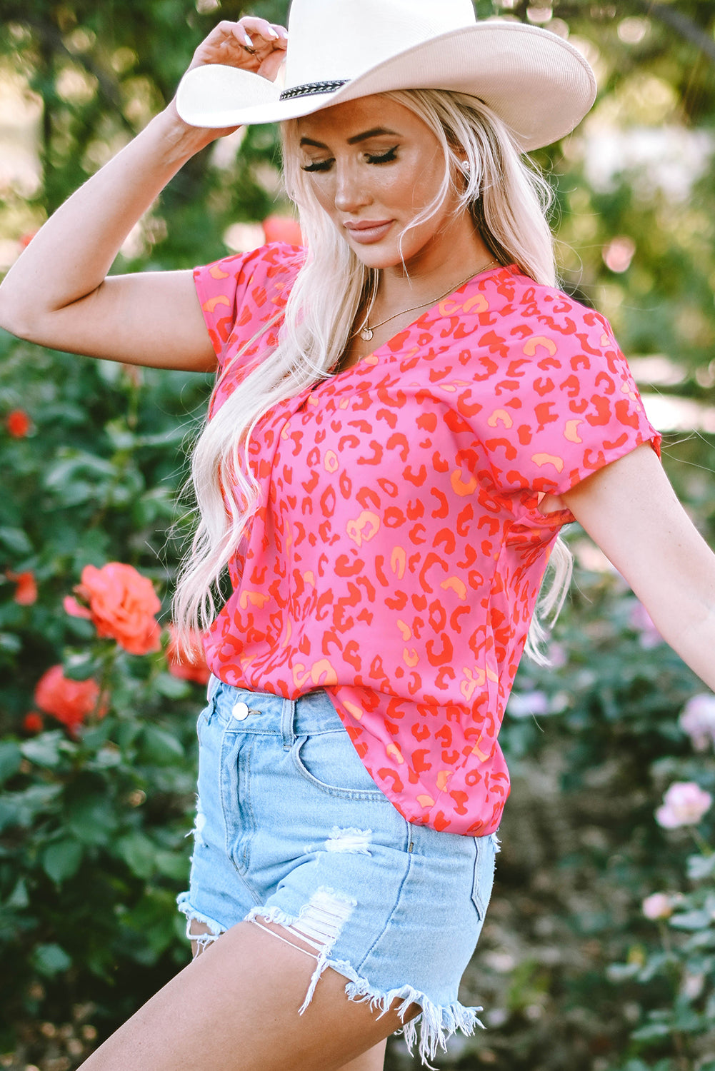 Leopard V Neck Short Sleeve Blouse | Pink