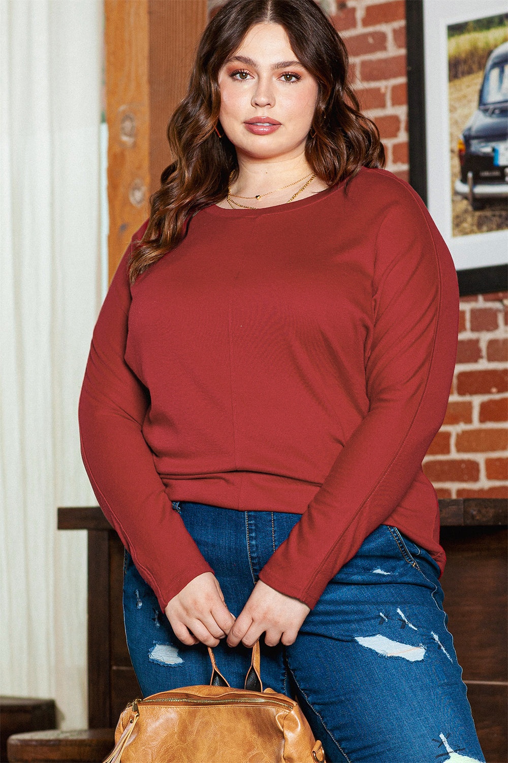 Piping Detail Plus Size Long Sleeve Top | Red Dahlia