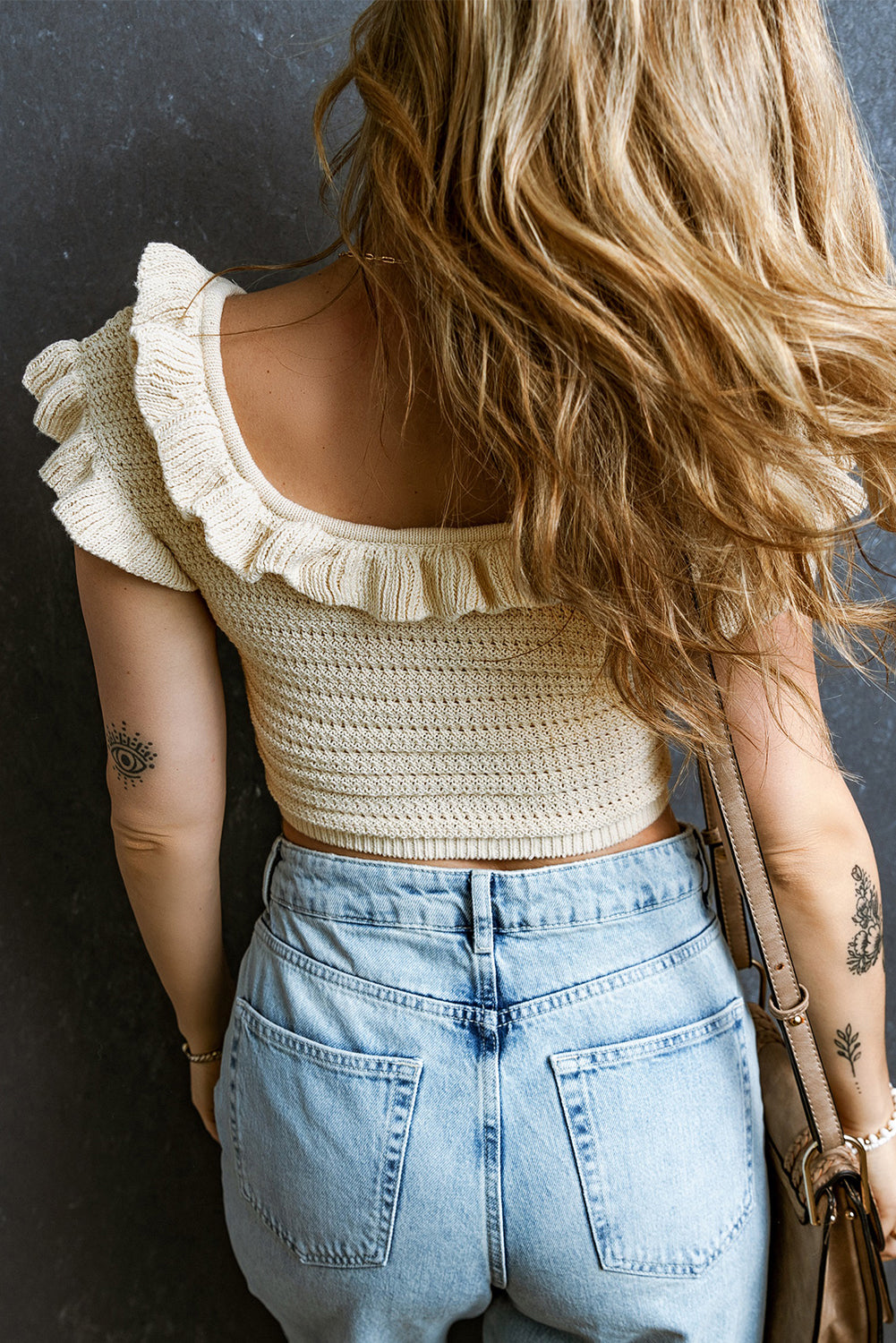 Ruffled Neckline Knitted Short Sleeve Crop Top | Beige