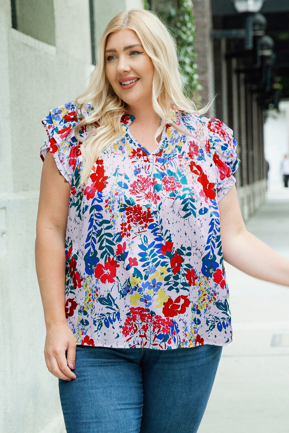 Fiery  Plus Floral Print Ruffle Cap Sleeve V Neck Blouse | Red