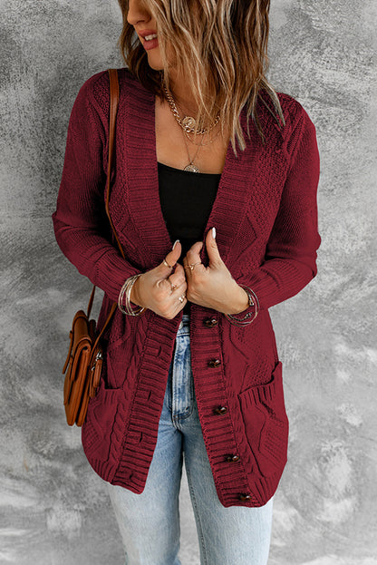 Burgundy Front Pocket And Buttons Closure Cardigan | Red