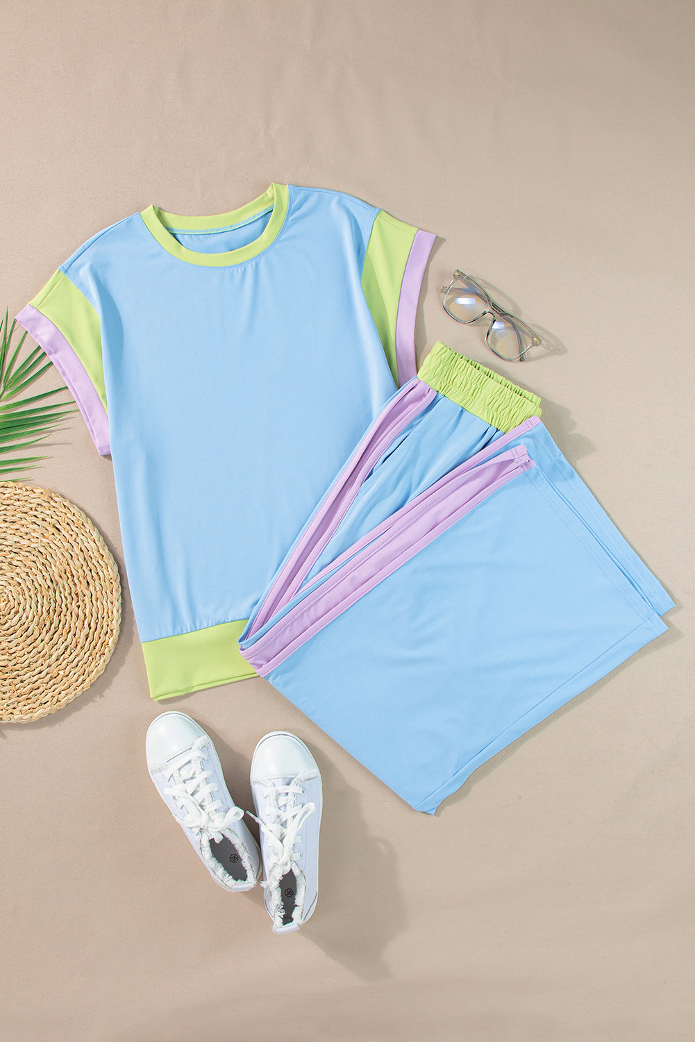 Colour Block Detail Casual Two-Piece Outfit | Sky Blue