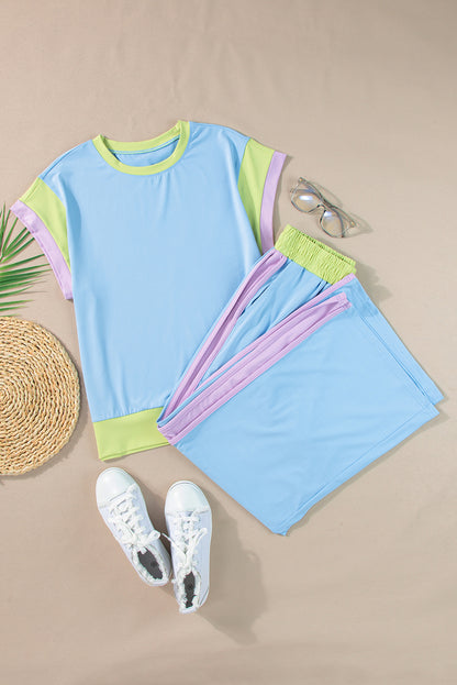 Colour Block Detail Casual Two-Piece Outfit | Sky Blue