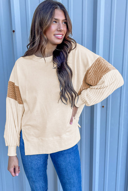 Corduroy Patchwork Drop Shoulder Long Sleeve Sweatshirt | Apricot