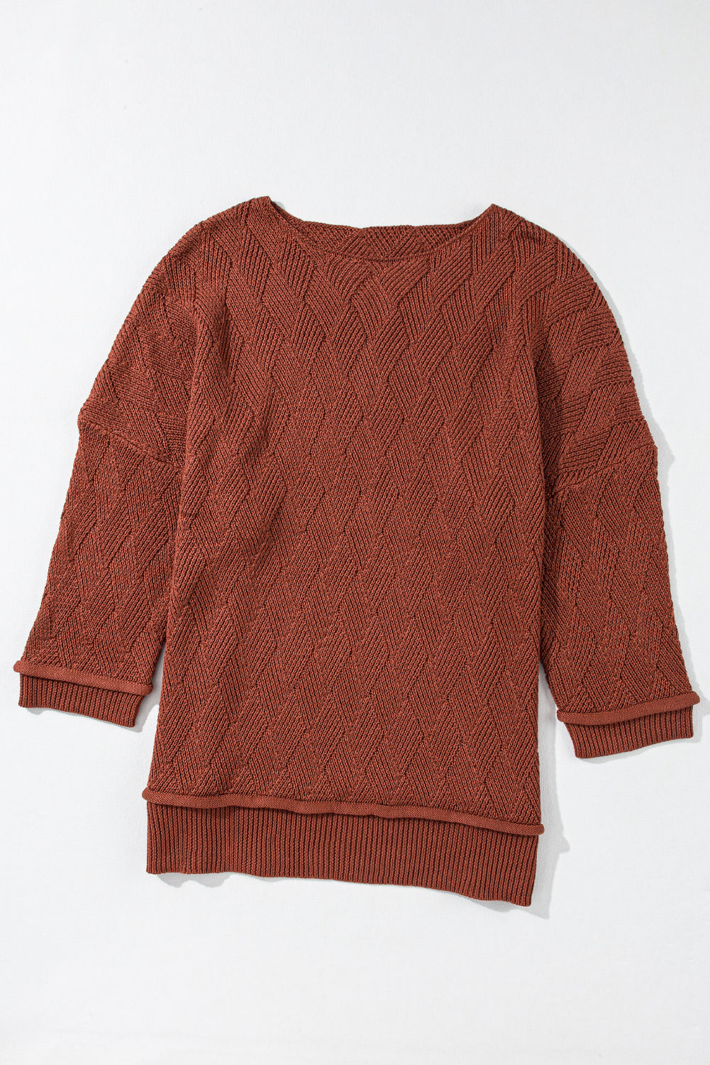 Solid Colour Textured Crew Neck Loose Sweater | Gold Flame