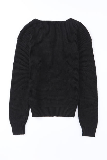 Ribbed Knit V Neck Sweater | Black