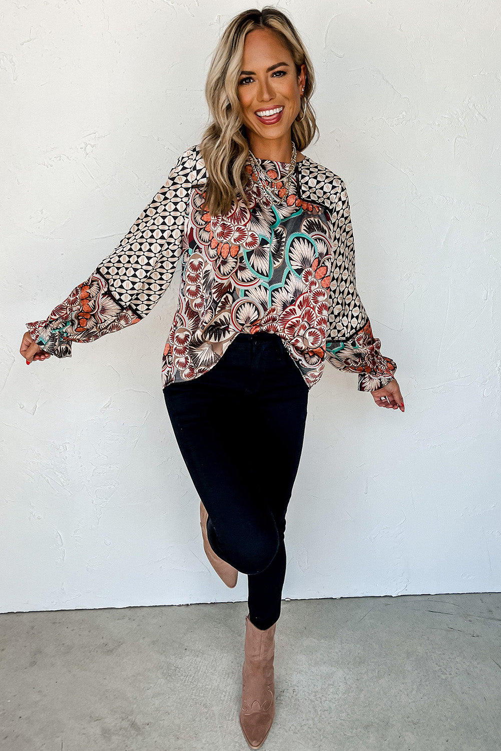 Mixed Floral Geometric Print Ruffled Long Sleeve Blouse | Black