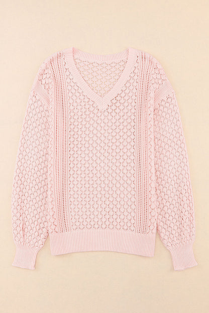 Loose Pointelle Knit Ribbed V Neck Sweater | Pink