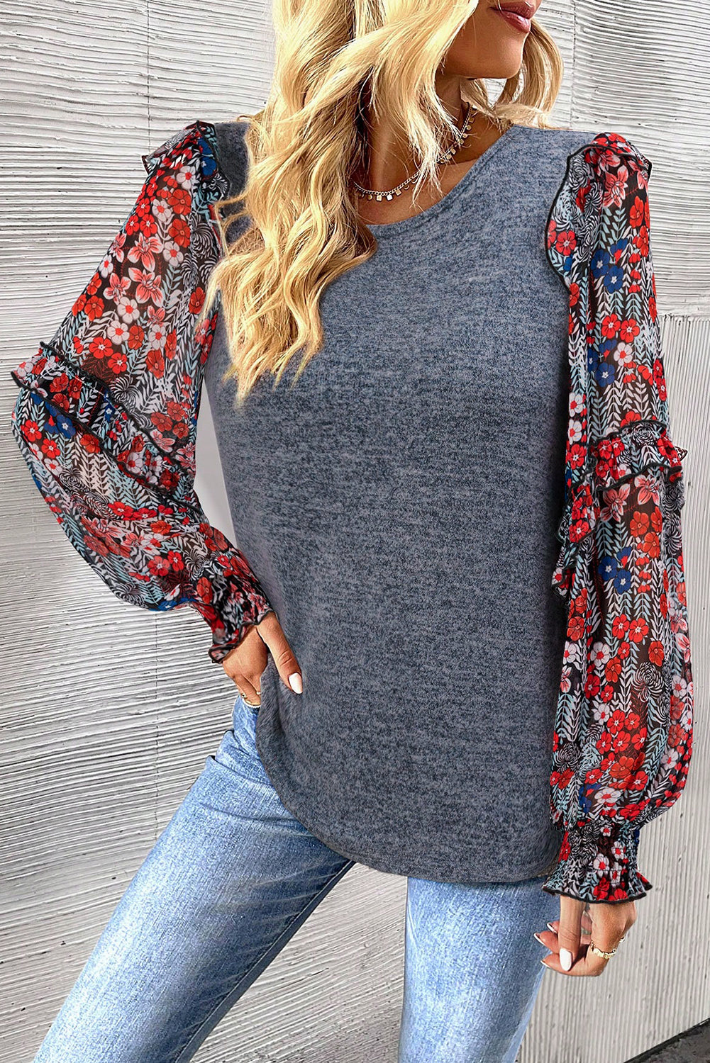 Ruffle Tiered Floral Sleeve Crew Neck Blouse | Blue