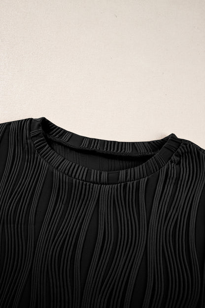 Textured Wavy Round Neck Long Sleeve Top | Black