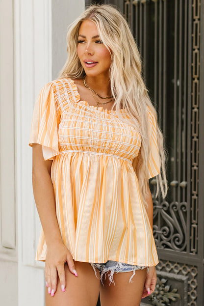 Striped Print Smocked Flowy Blouse | Yellow