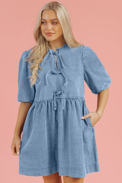 Bowknot Bubble Sleeve Short Denim Dress | Dusk Blue