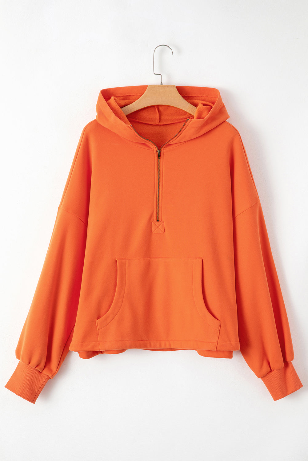 Fleece Lined Half Zipper Kangaroo Pockets Loose Hoodie | Orange