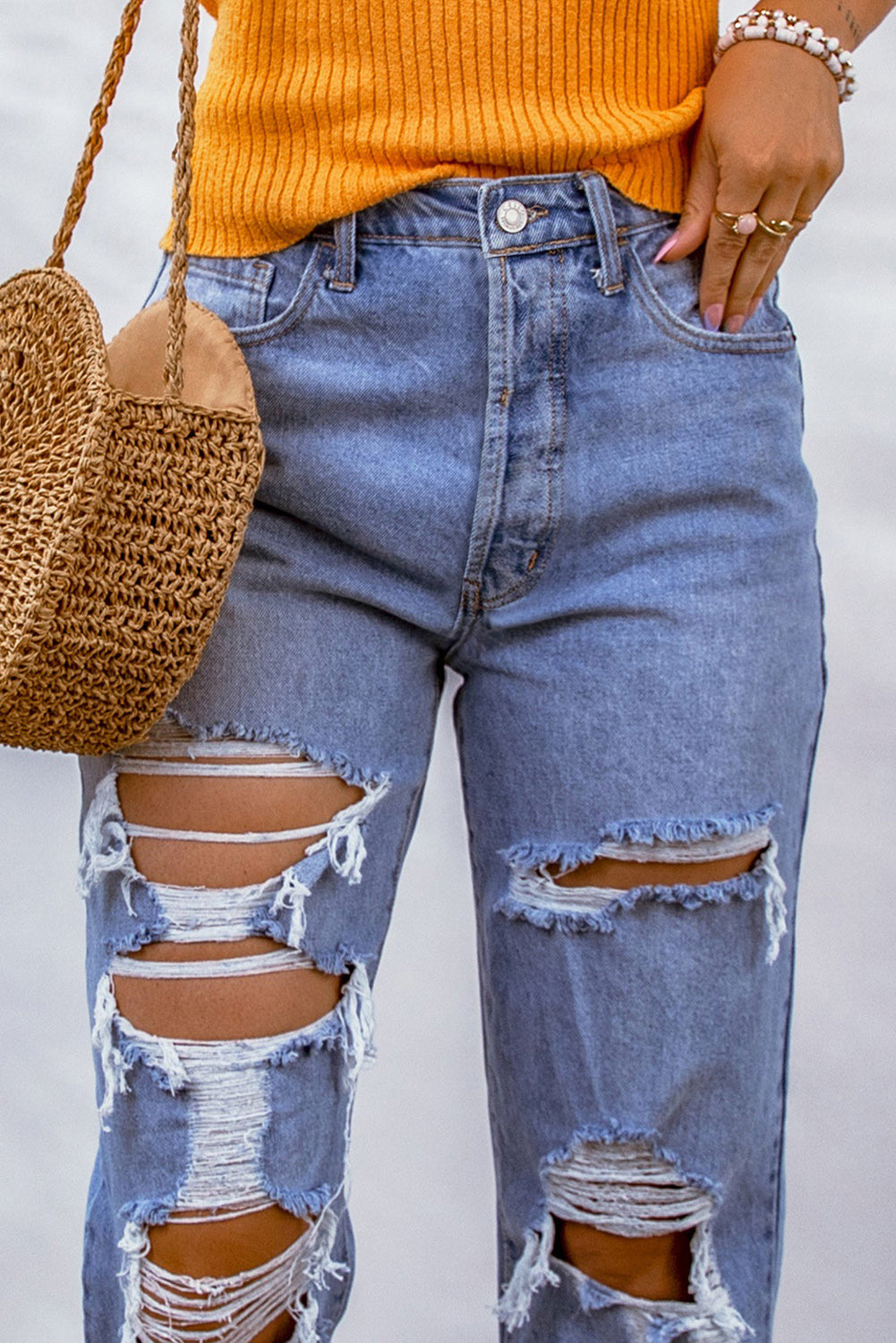 Heavy Destroyed Big Hole Boyfriend Jeans | Sky Blue