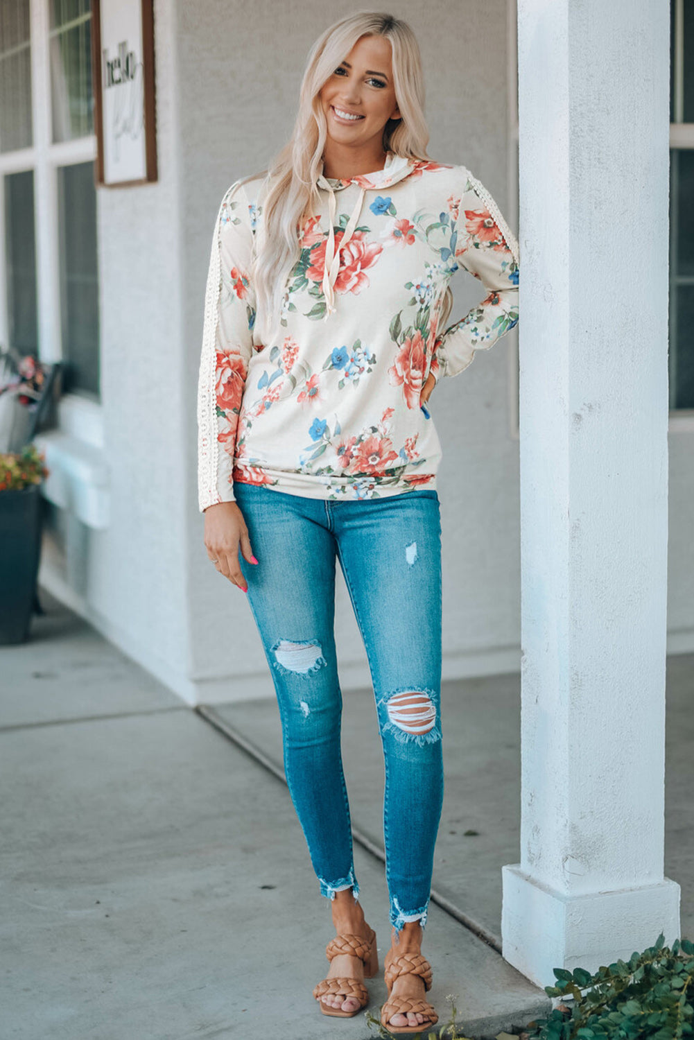 Floral Print Lace Contrast Long Sleeve Hoodie | Apricot