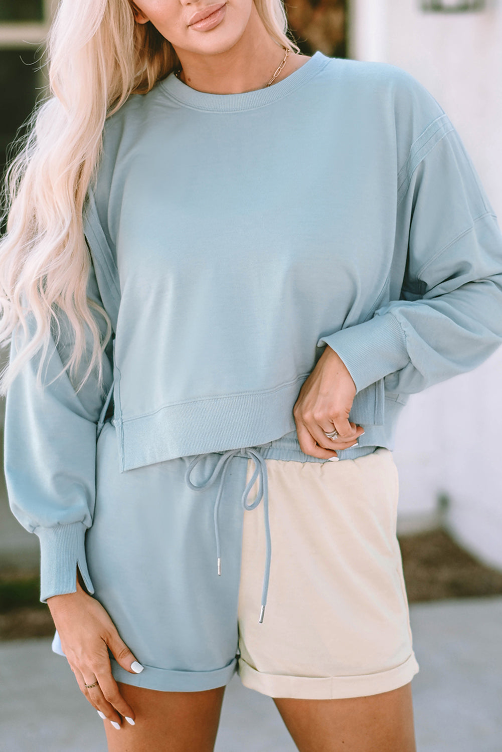 Split Hem Sweatshirt Colour Block Shorts Set | Sky Blue