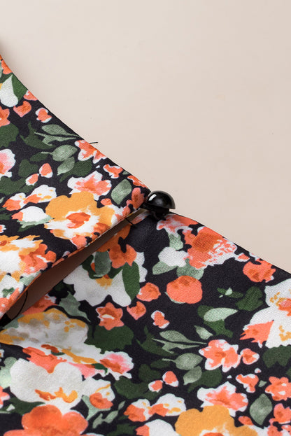 Ruffle Trim Shirred Cuffs Floral Blouse | Orange