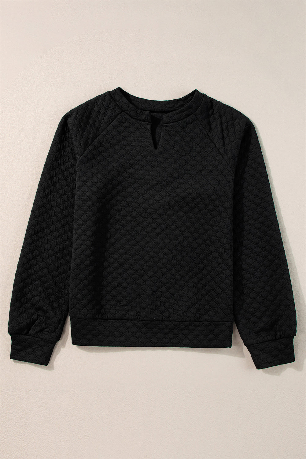 Split Neck Quilted Long Sleeve Top | Black