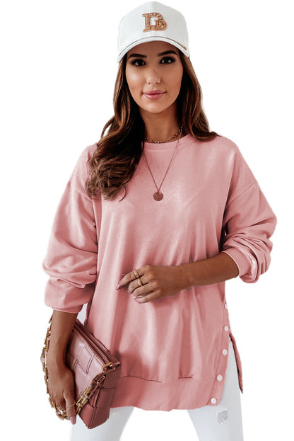 Crew Neck Slit Buttons Sweatshirt | Pink