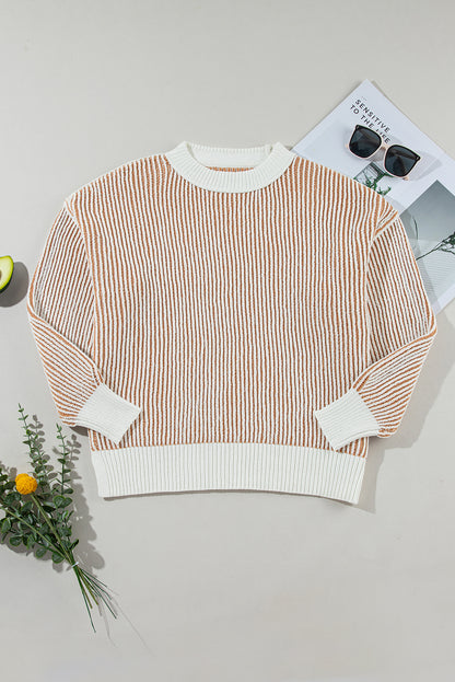 Striped Textured Knit Contrast Edge Loose Sweater | Chestnut