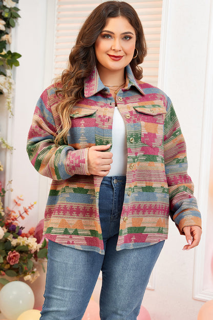 Plus Size Aztec Printed Flap Pocket Shacket | Pink