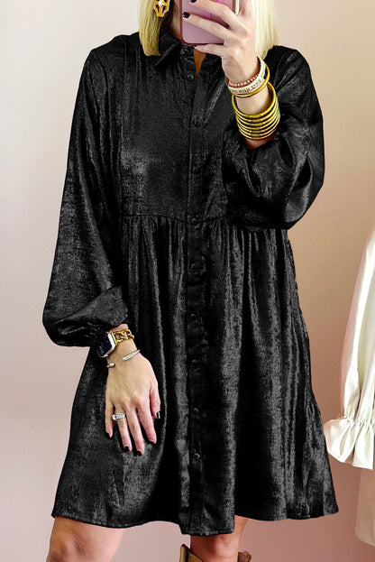 Black Metallic Sheen Puff Sleeve Button Up Mini Shirt Dress