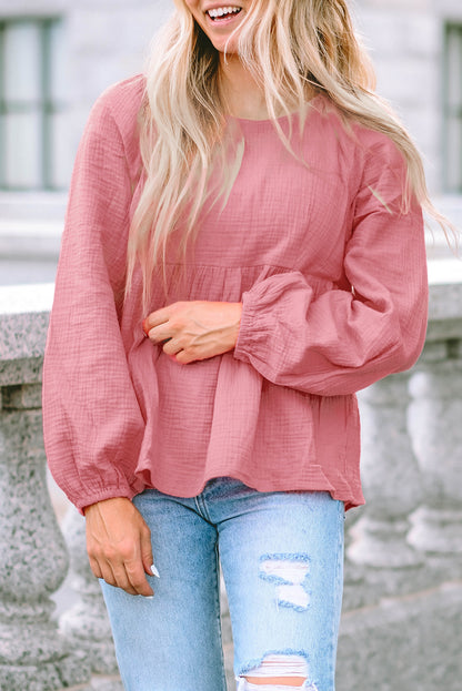 Bubble Sleeve Textured Flowy Blouse | Pink