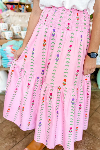 Printed Smocked Tiered Maxi Skirt | Pink