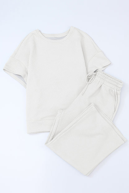 White Textured Loose Fit T Shirt And Drawstring Pants Set | Bright White