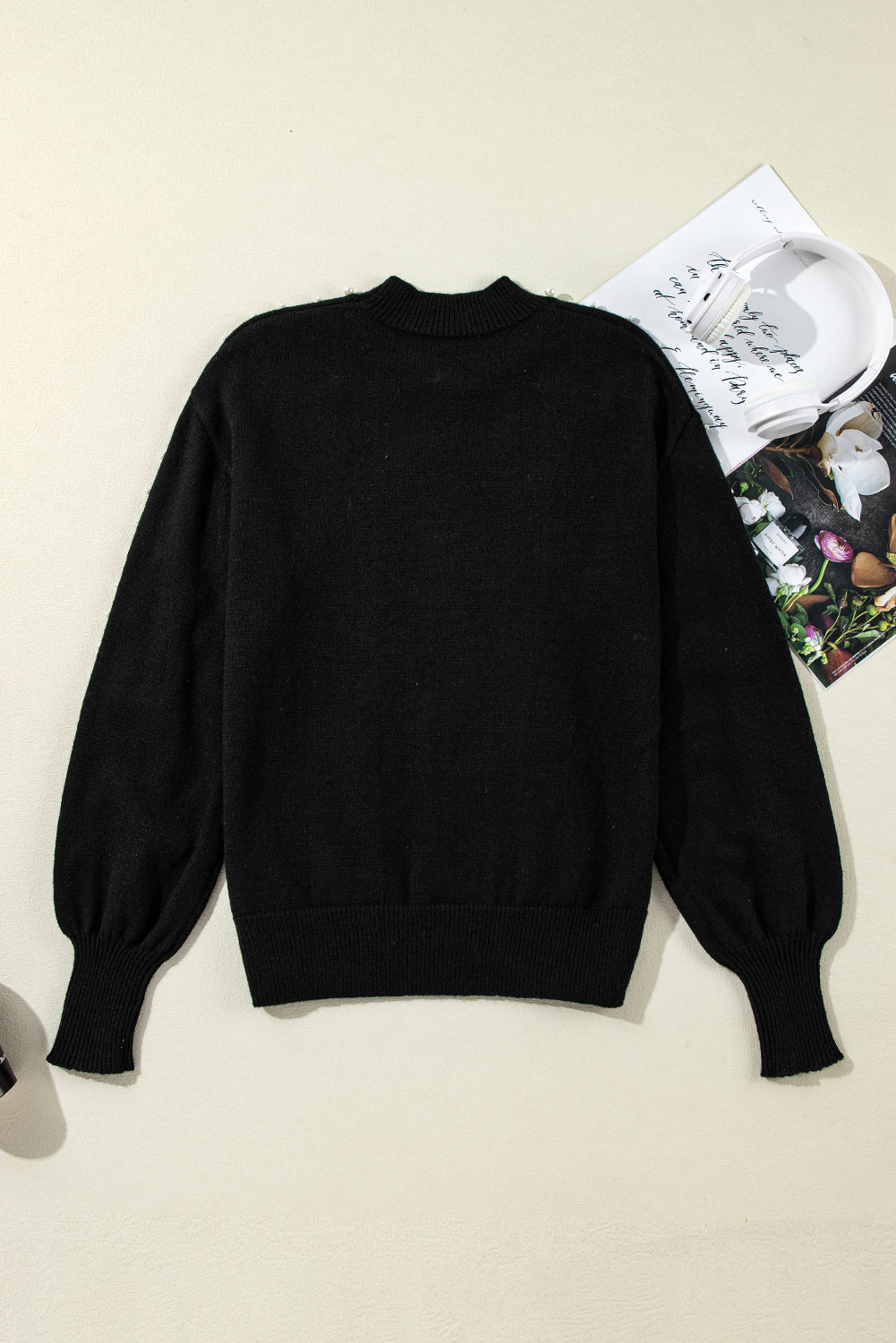 Pearl Beaded Bishop Sleeve Sweater | Black