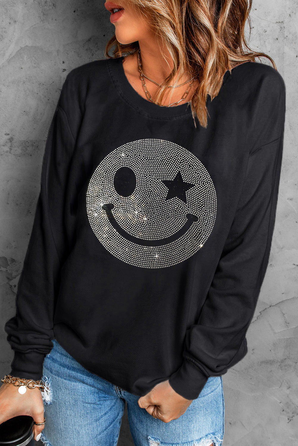 Rhinestone Smile Face Graphic Drop Shoulder Sweatshirt | Black