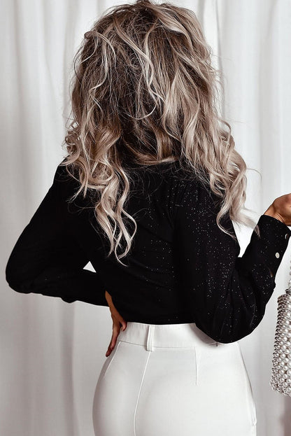 Glitter Wrap V Neck Tie Hem Puff Sleeve Blouse | Black