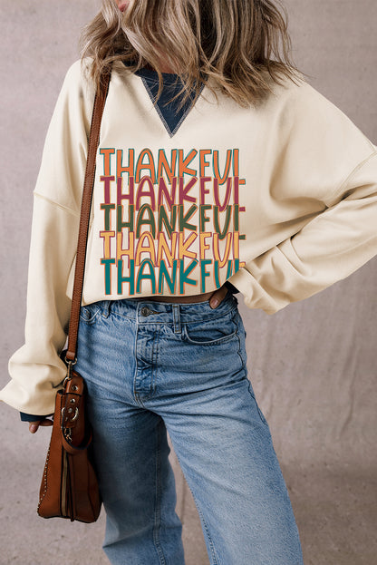 Thankful Graphic Colourblock Edge Oversized Thanksgiving Sweatshirt | White