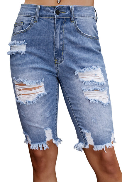 Ripped Tassel Bermuda Denim Shorts | Sky Blue