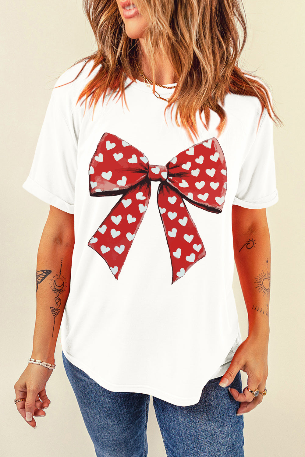 Heart Bow Printed Crewneck Valentines T Shirt | White