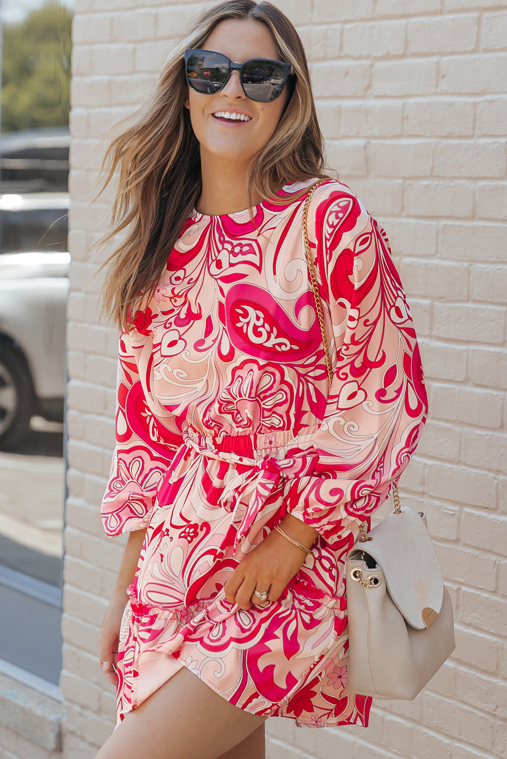 Paisley Printed Button Keyhole Back Belted Mini Dress | Red