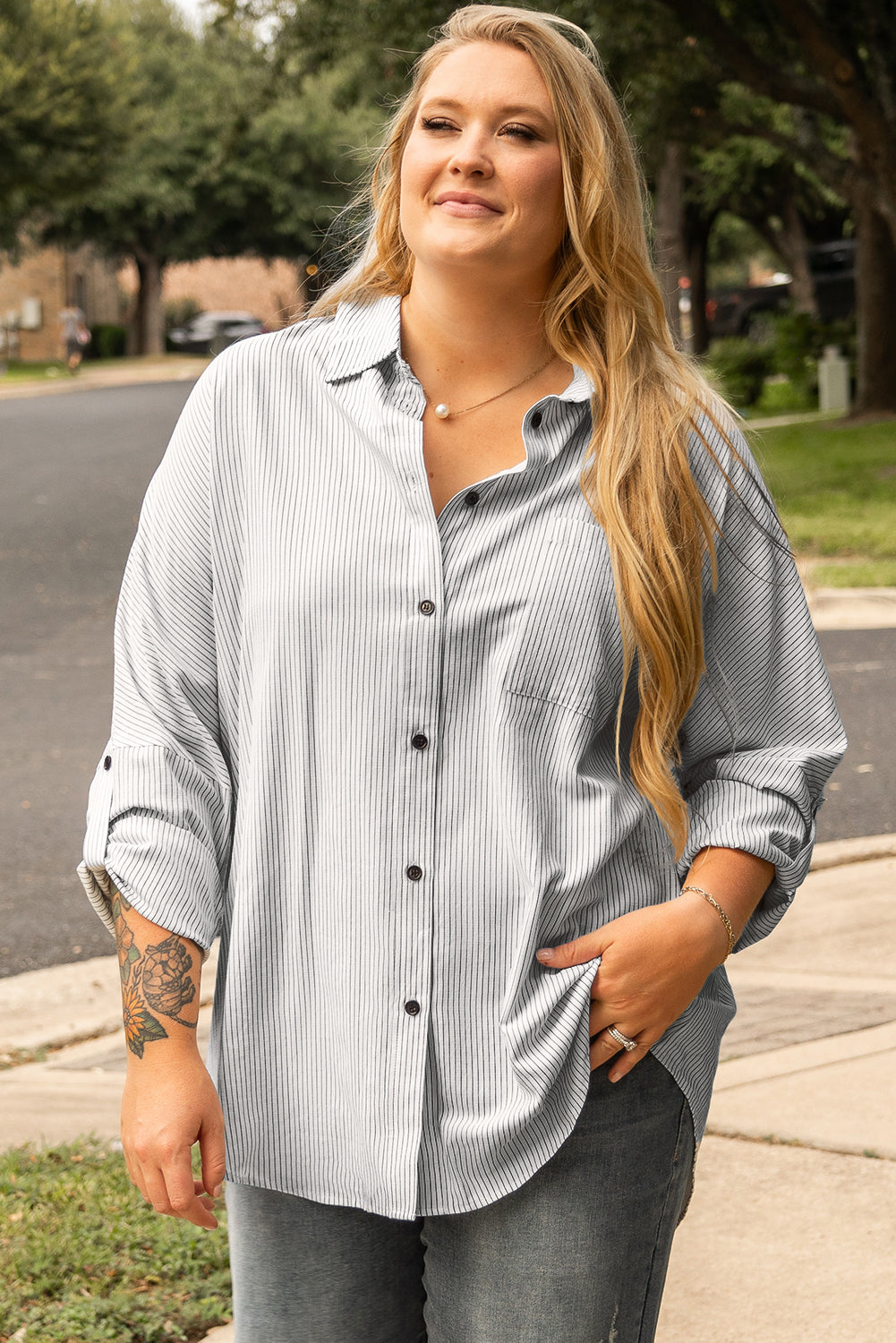 Rolled Tab Sleeve Buttoned Plus Size Shirt | White Stripe