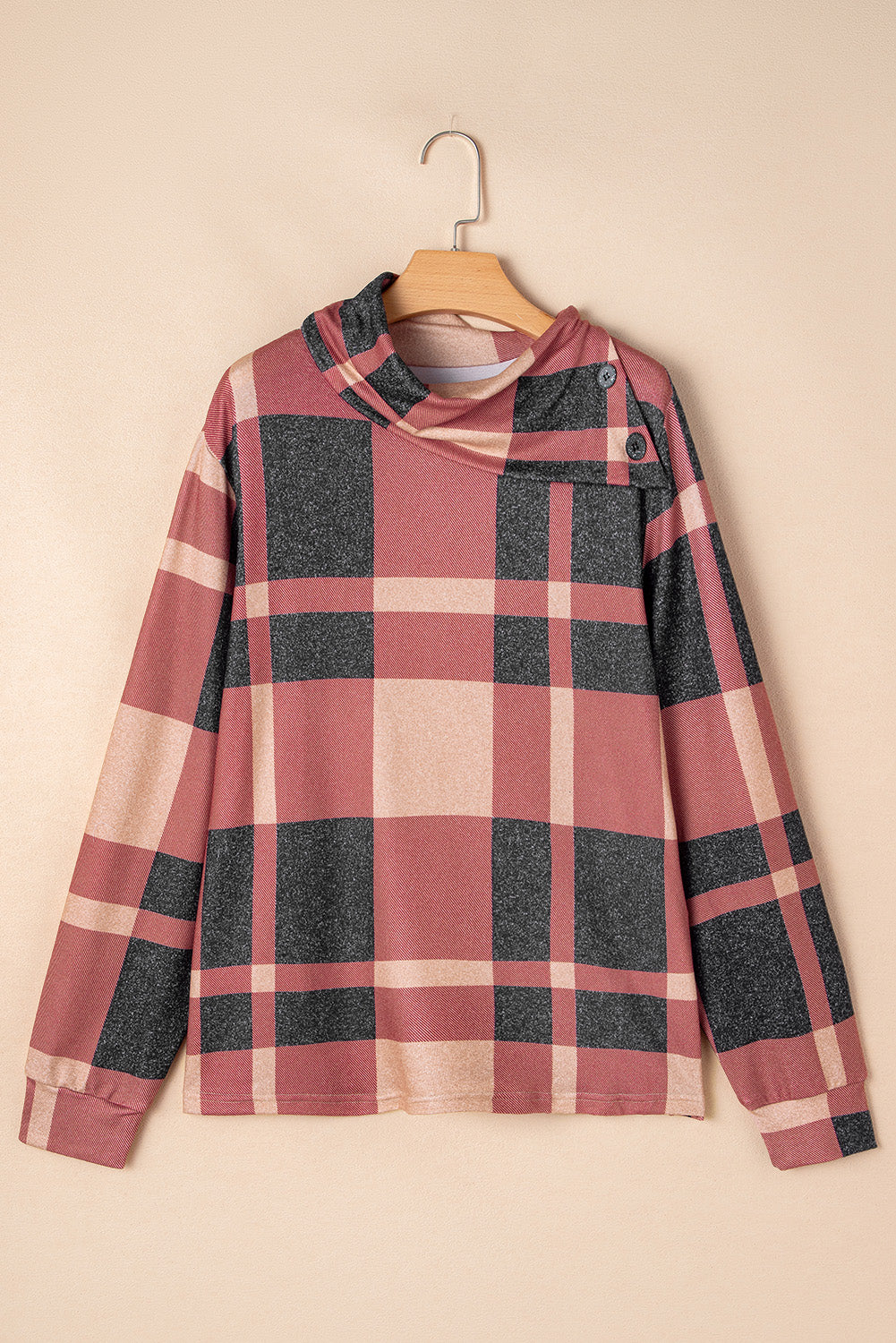 Plus Size Plaid Print Button Decor Asymmetric Neck Top | Mineral Red