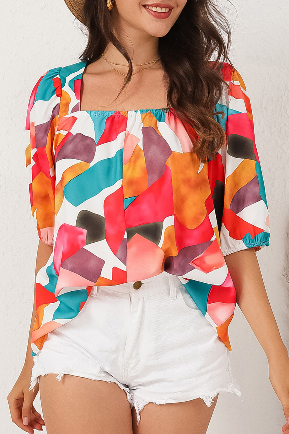 Square Neck Abstract Print Short Sleeve Blouse | Multicolour