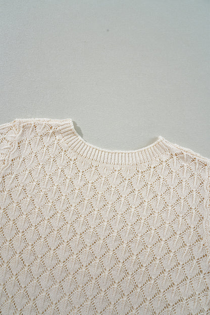 Hollow Out Crochet O Neck Short Sleeve Sweater Tee | Beige