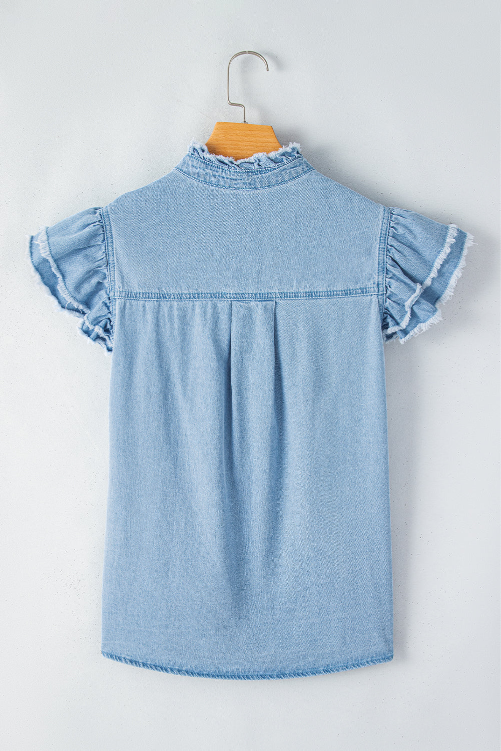 Button Front Ruffled Flutter Frayed Denim Top | Beau Blue