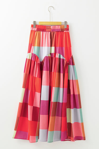 Plaid Print Ruched High Waist Casual Maxi Skirt | Multicolour